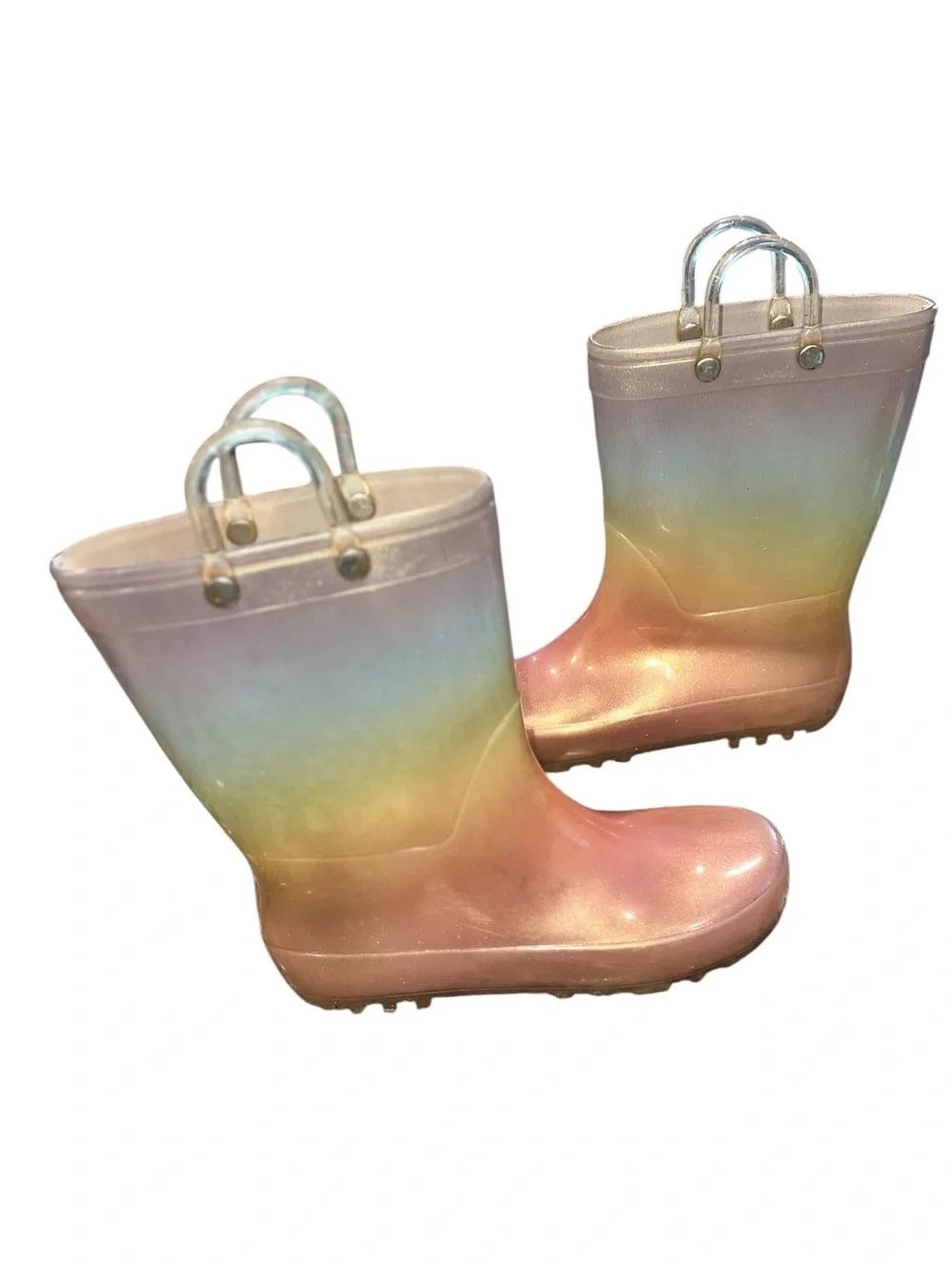 Toddler Rainbow Iridescent Glitter Rain Boots Size 12 Pull Handles Waterproof